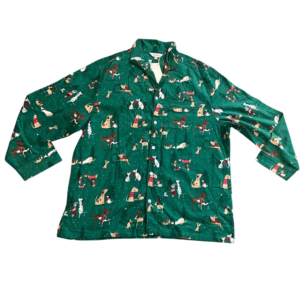 The Company Store Mens Flannel Pajama Top XL Green Holiday Dog Print 100% Cotton